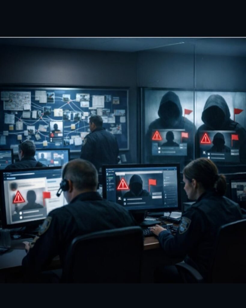 Law enforcement cybercrime investigators monitoring suspicious online activity on multiple screens during an undercover digital investigation inside a secure operations room